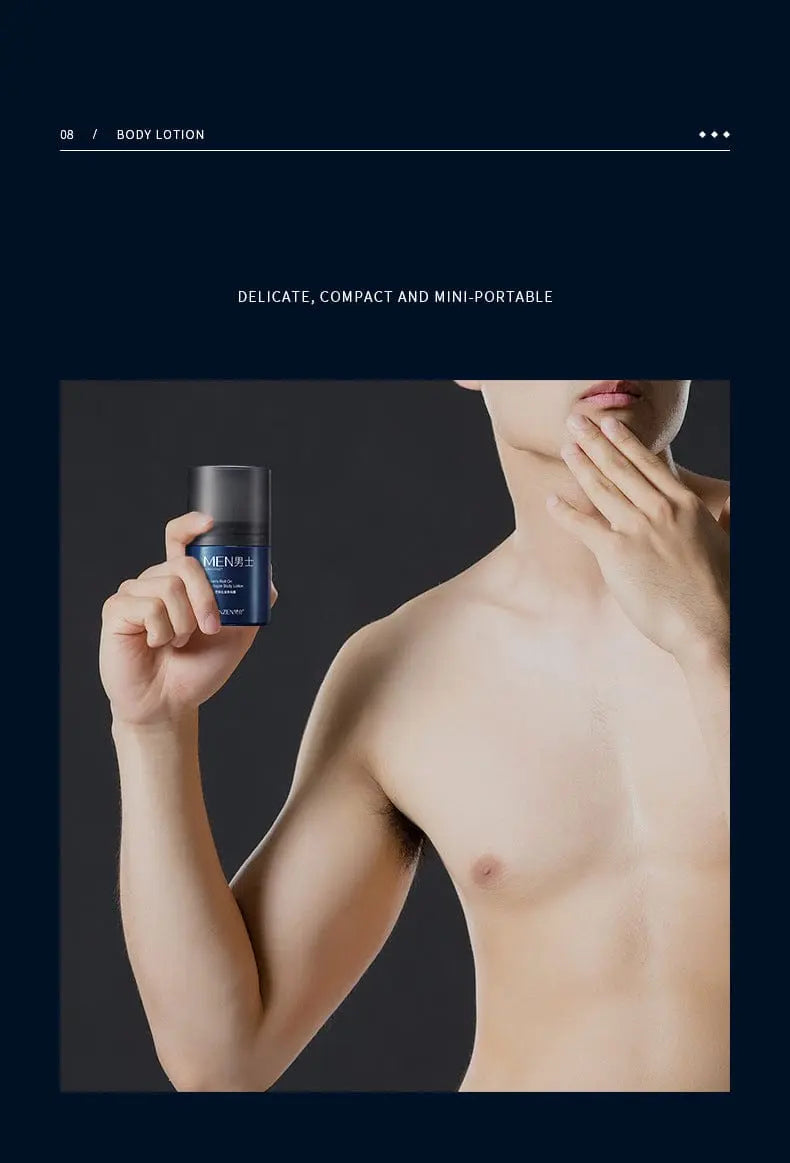 Men's Showlu roll-on cologne deodorant and body lotion, long-lasting scent, in a sleek container, designed for daily freshness.