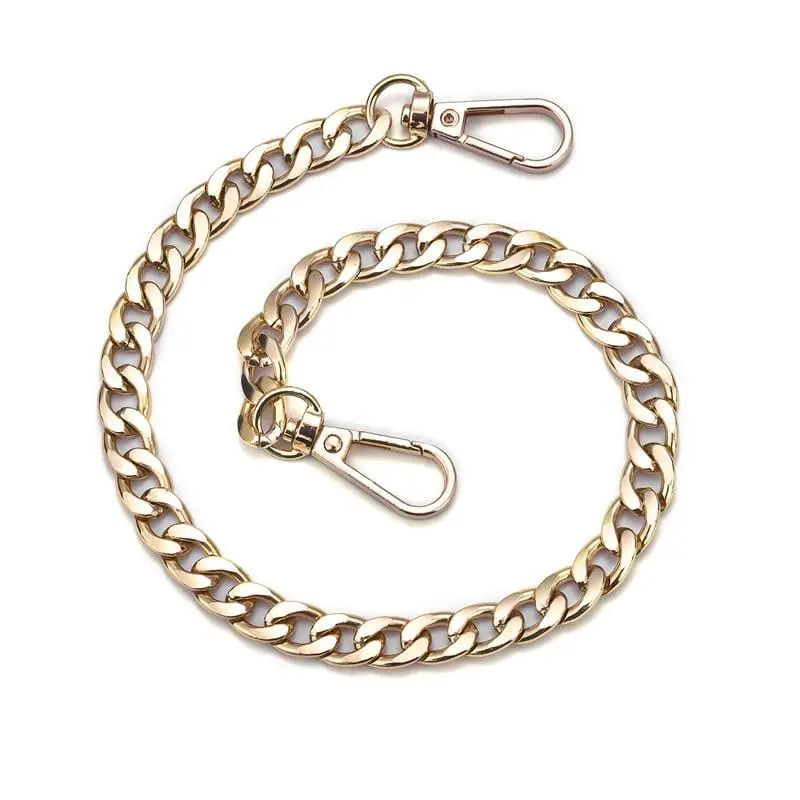 Aluminum metal bag chain replacement straps for handbags, shown attached to a woven shoulder bag, from Showlu Store Nation.