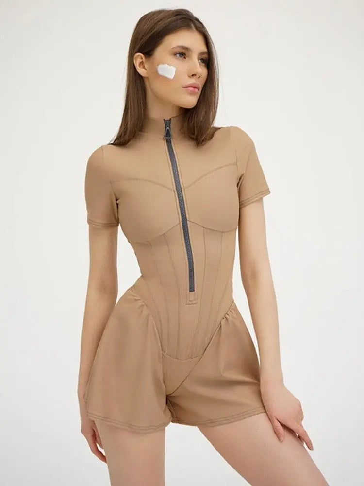 Mozision women's sexy slim-fit bodycon playsuit with O-neck, short sleeves, and zipper detail, perfect for stylish autumn wear.