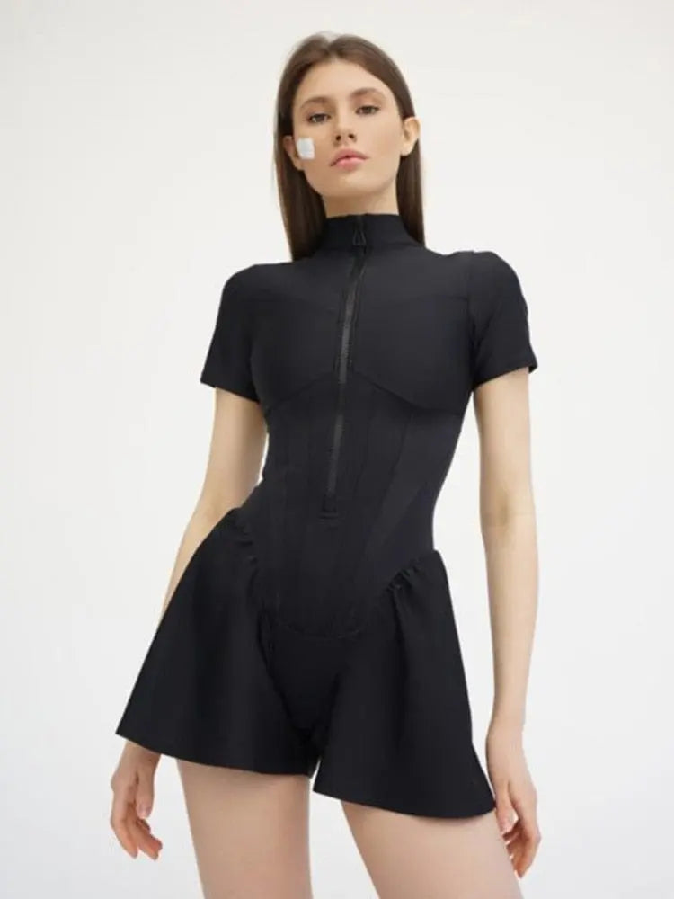 Mozision women's sexy slim-fit bodycon playsuit with short sleeves, O-neck, zipper front, perfect for stylish autumn looks.