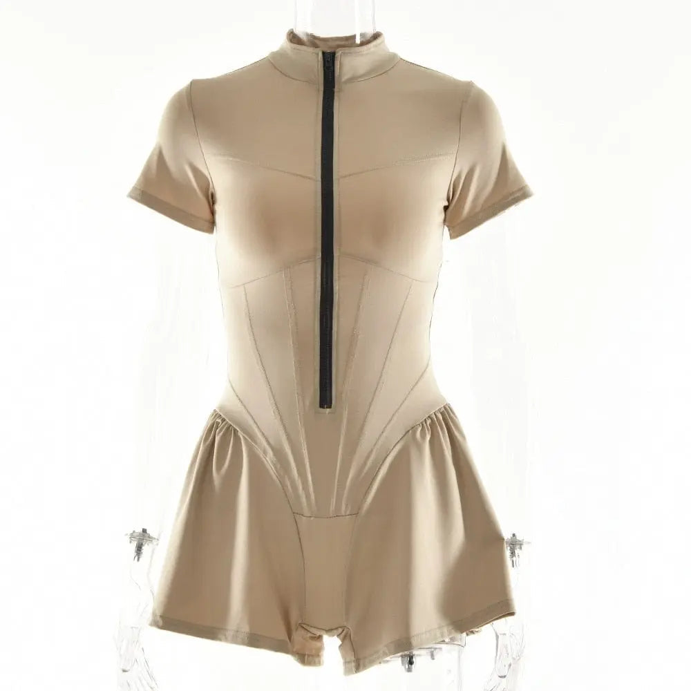 Black women's sexy bodycon playsuit with short sleeves, O-neck, front zipper, slim fit, perfect for elegant casual wear.