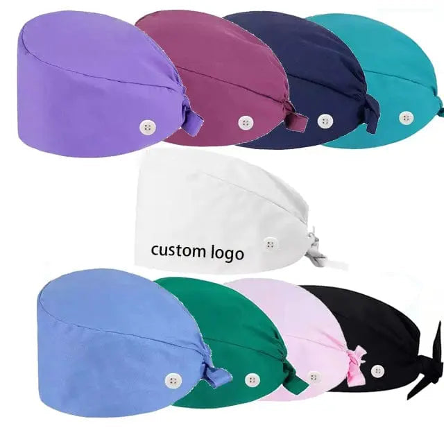 Showlu unisex cotton scrub cap with adjustable fit, featuring buttons, suitable for nurses and doctors in hospital settings.