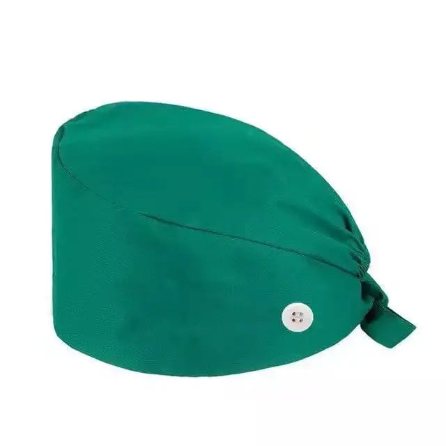 Unisex cotton scrub cap with adjustable fit, buttons, and hospital print, designed for nurses and doctors for medical work.