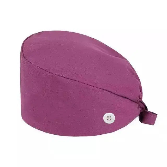 Unisex cotton scrub cap with adjustable fit, buttons, and hospital print, ideal for nurses and doctors.
