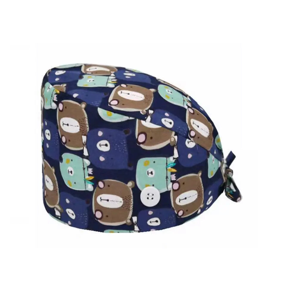 Unisex cotton scrub cap with adjustable fit, buttons, and hospital print, designed for nurses and doctors by Showlu Fashion Store.