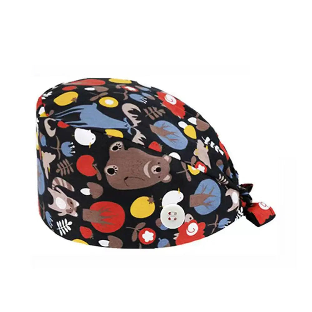 Unisex cotton scrub cap with adjustable fit, buttons, and hospital print designed for nurses and doctors for medical work.