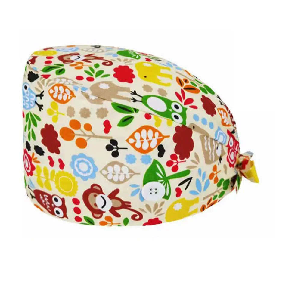 Unisex cotton scrub cap with adjustable fit and button details, ideal for nurses and doctors in hospital settings.