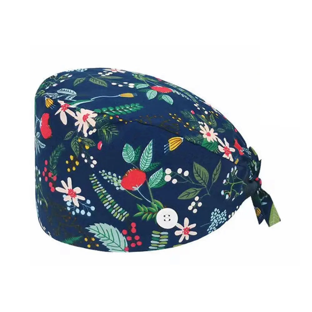 Unisex cotton scrub cap with adjustable fit and button details, ideal for nurses and doctors in medical settings.