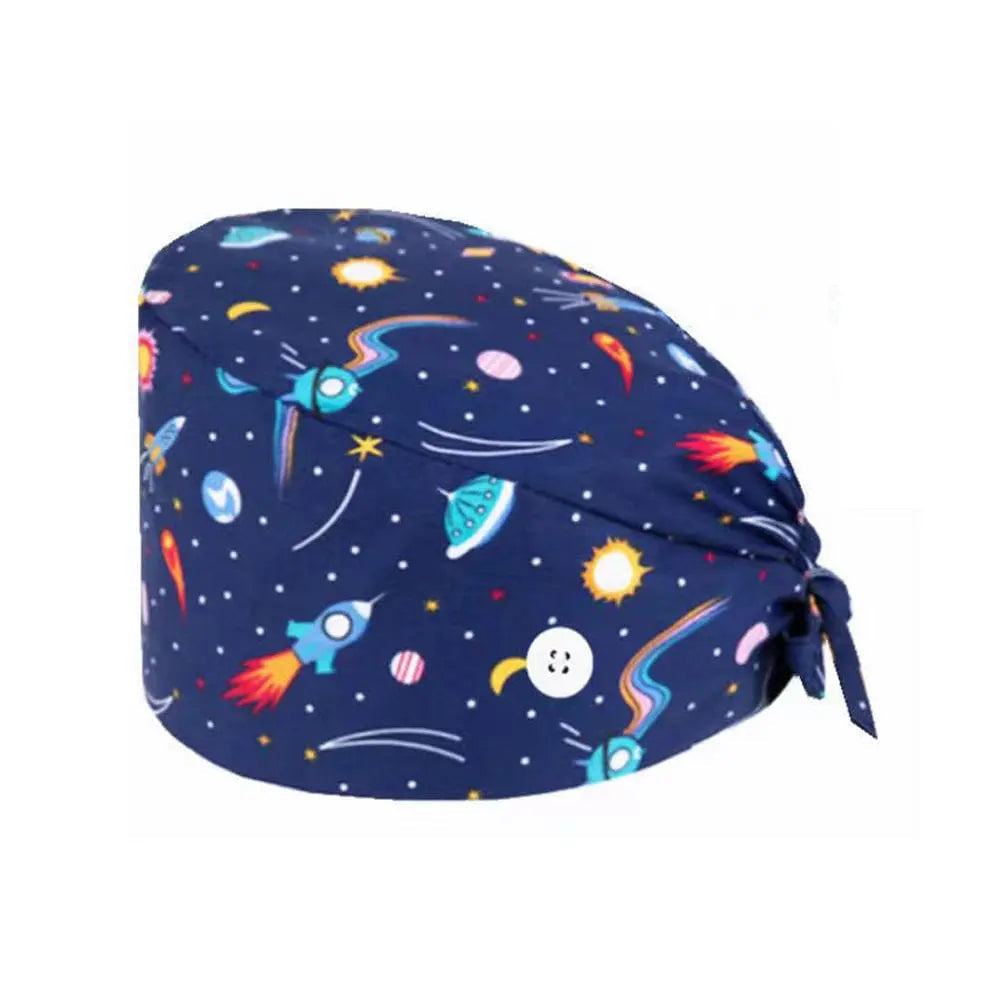 Unisex cotton scrub cap with adjustable fit, buttons, and colorful print, designed for nurses and doctors.