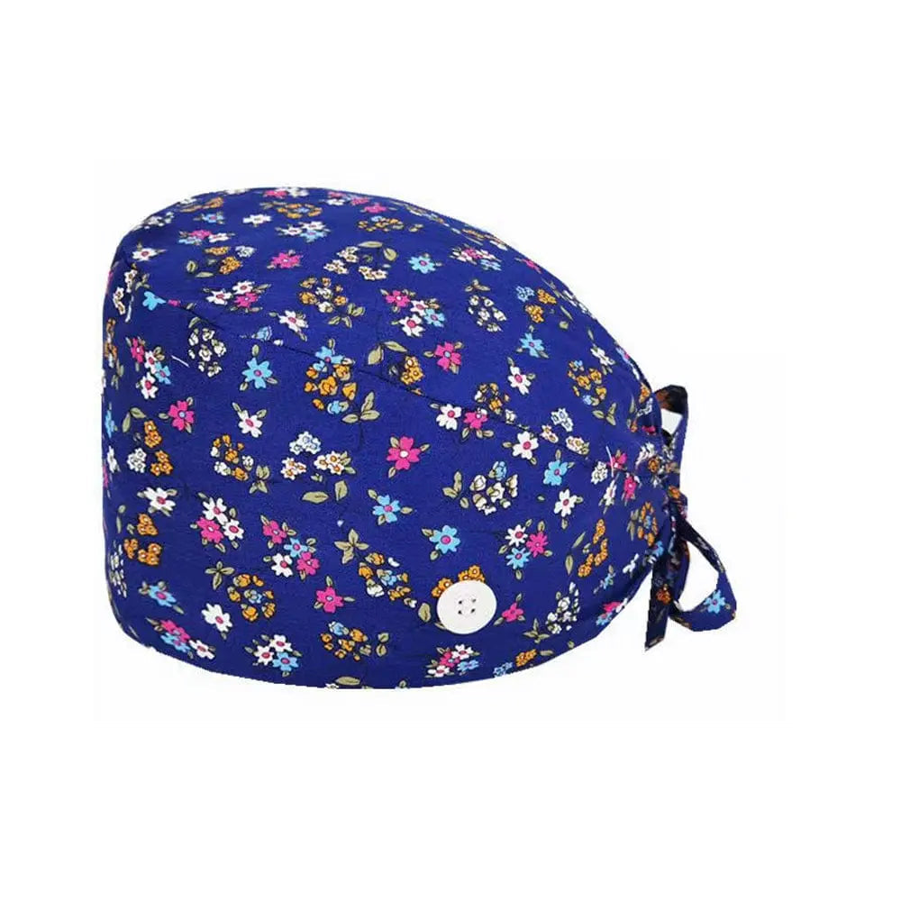 Unisex cotton scrub cap with adjustable fit, buttons, and print design, ideal for nurses and doctors working in hospitals.