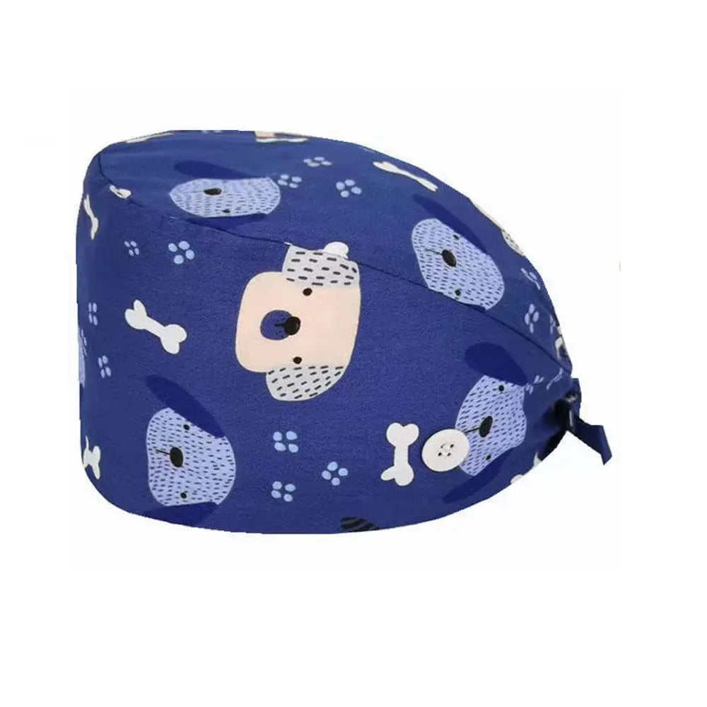 Unisex cotton scrub cap with adjustable fit and buttons, suitable for nurses and doctors, featuring a colorful print design.