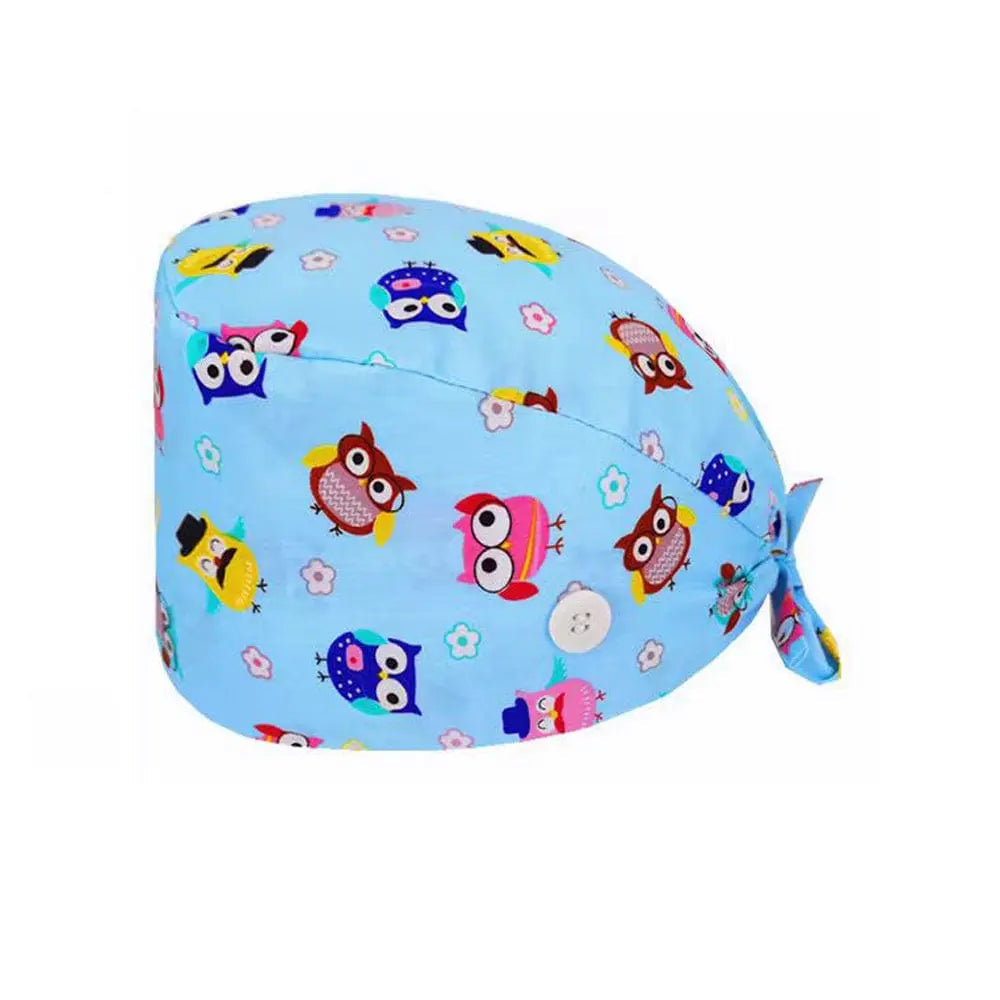 Unisex cotton scrub cap with adjustable fit, buttons, and hospital print, ideal for nurses and doctors, by Showlu Fashion Store.