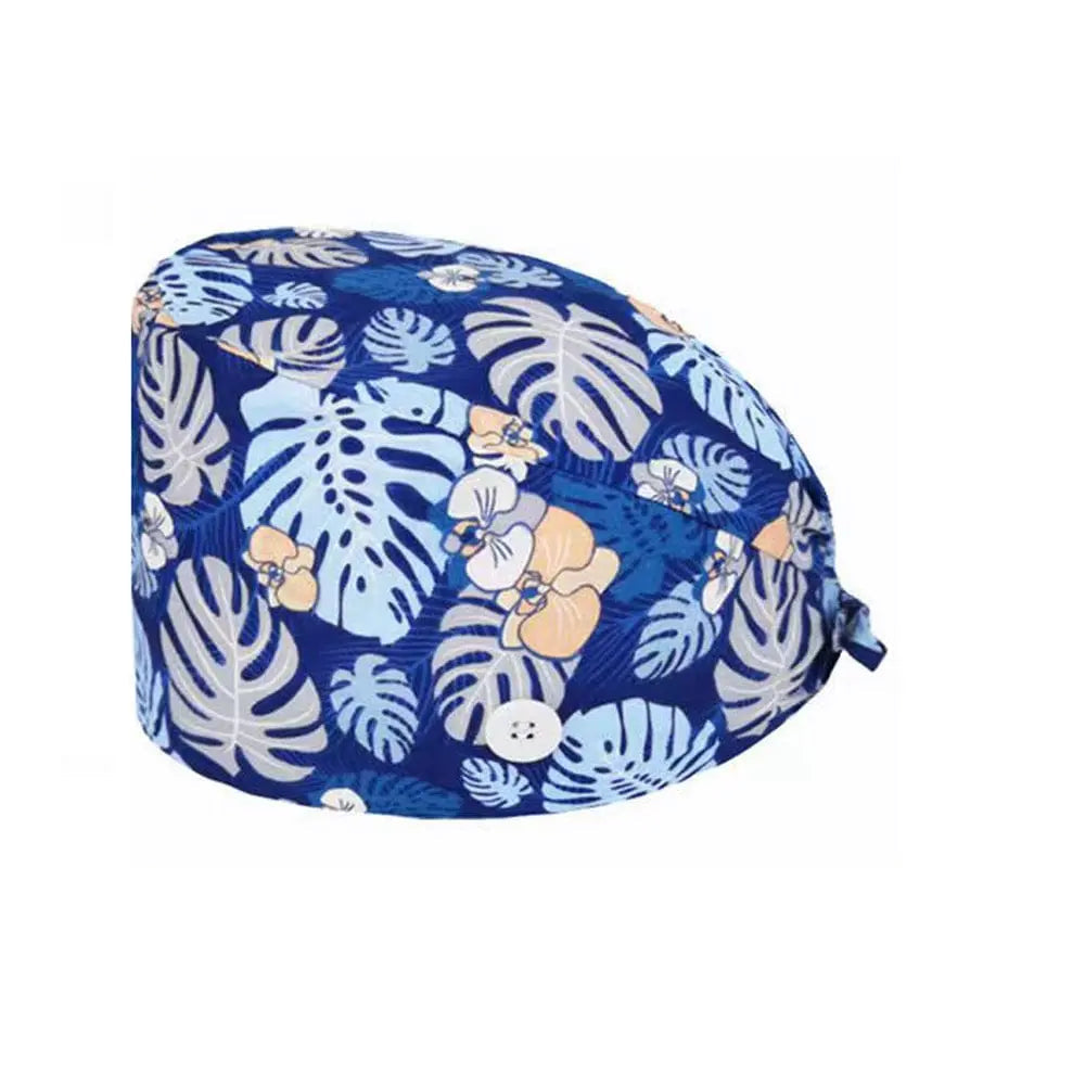 Unisex cotton scrub cap with adjustable fit and button details, ideal for nurses and doctors in a hospital setting.