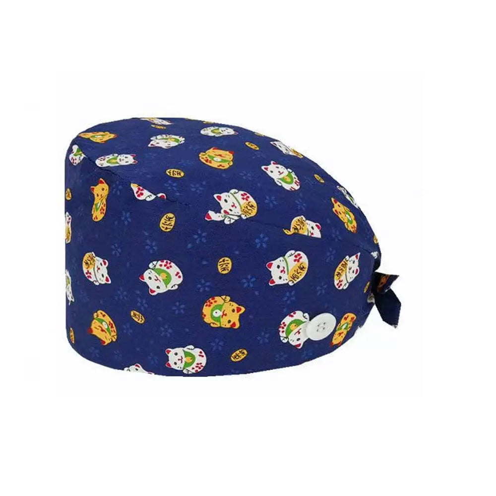 Unisex cotton scrub cap with adjustable fit and buttons, worn by nurse or doctor in hospital settings, printed design.