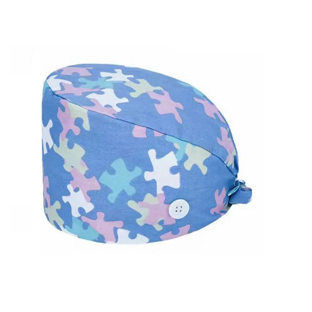 Unisex cotton scrub cap with adjustable fit, buttons, and hospital print, designed for nurses and doctors by Showlu Fashion Store.