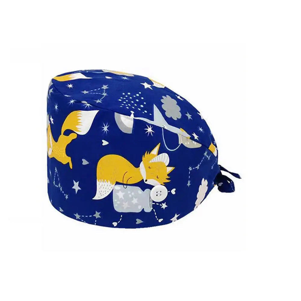 Unisex cotton scrub cap with adjustable fit and buttons, designed for nurses and doctors, featuring a printed hospital-themed pattern.