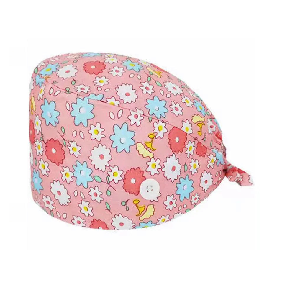Unisex cotton scrub cap with buttons, adjustable nurse and doctor hat for hospital staff, featuring a printed design and comfortable fit.