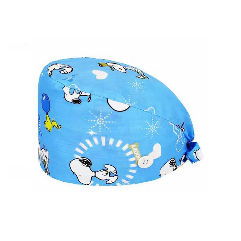 Unisex cotton scrub cap with adjustable fit, printed design, and buttons for nurses and doctors in a hospital setting.