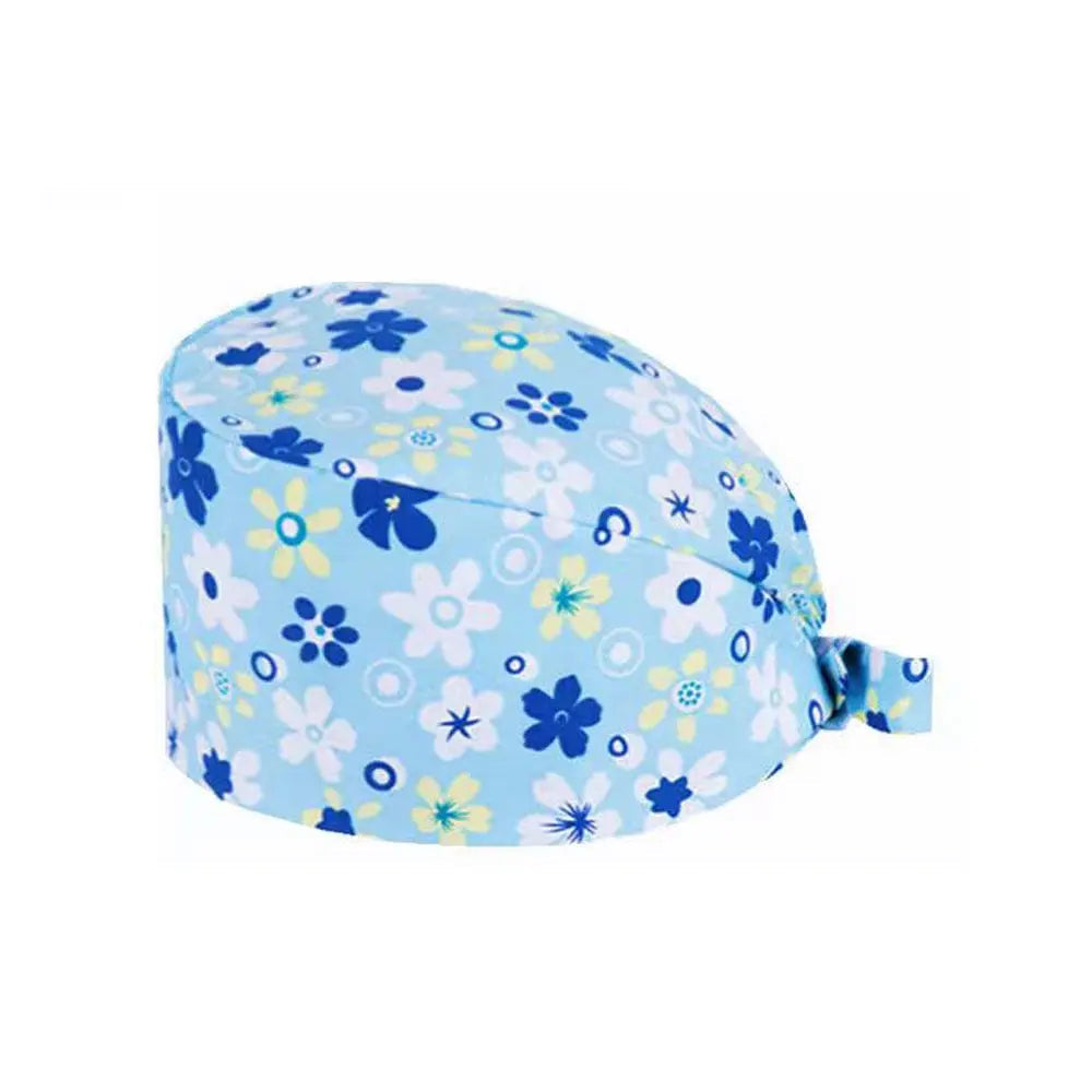 Unisex cotton scrub cap with adjustable fit, buttons, and hospital print designed for nurses and doctors in medical settings.
