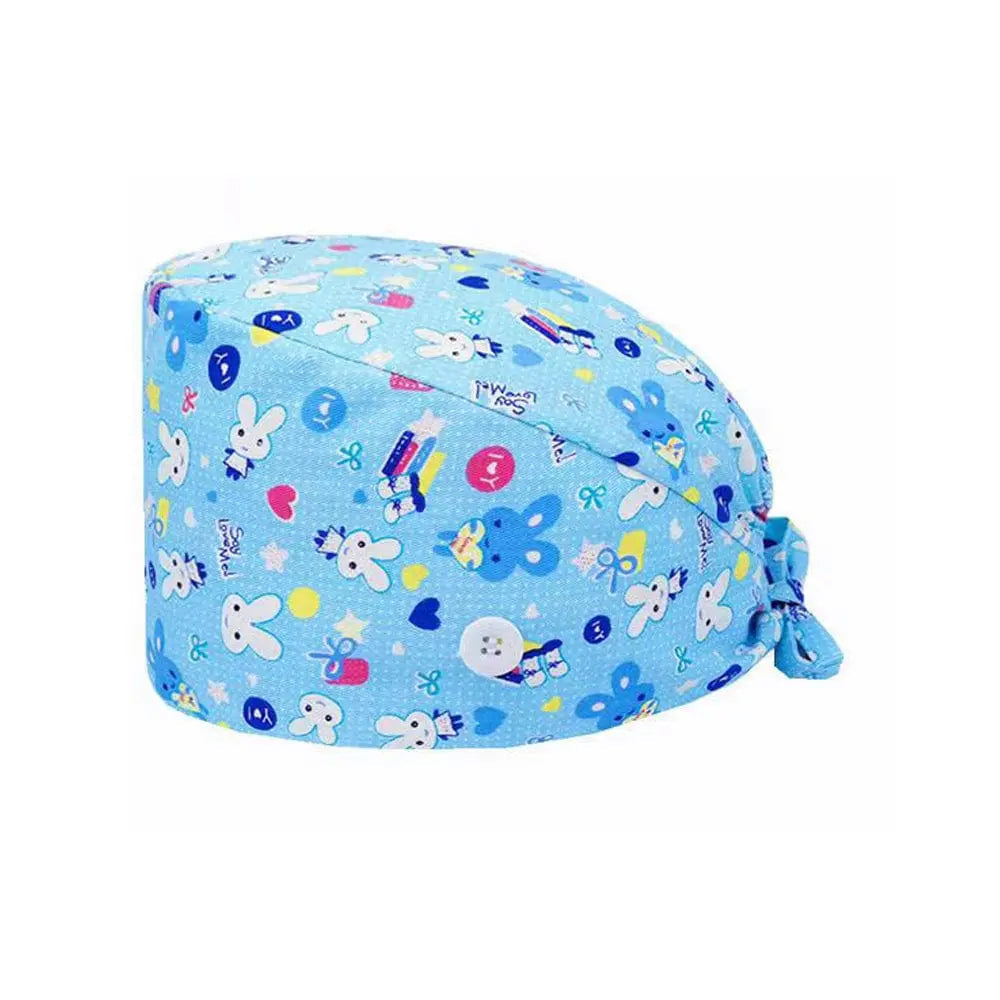 Showlu unisex cotton scrub cap with adjustable fit, buttons, and hospital print, ideal for nurses and doctors.