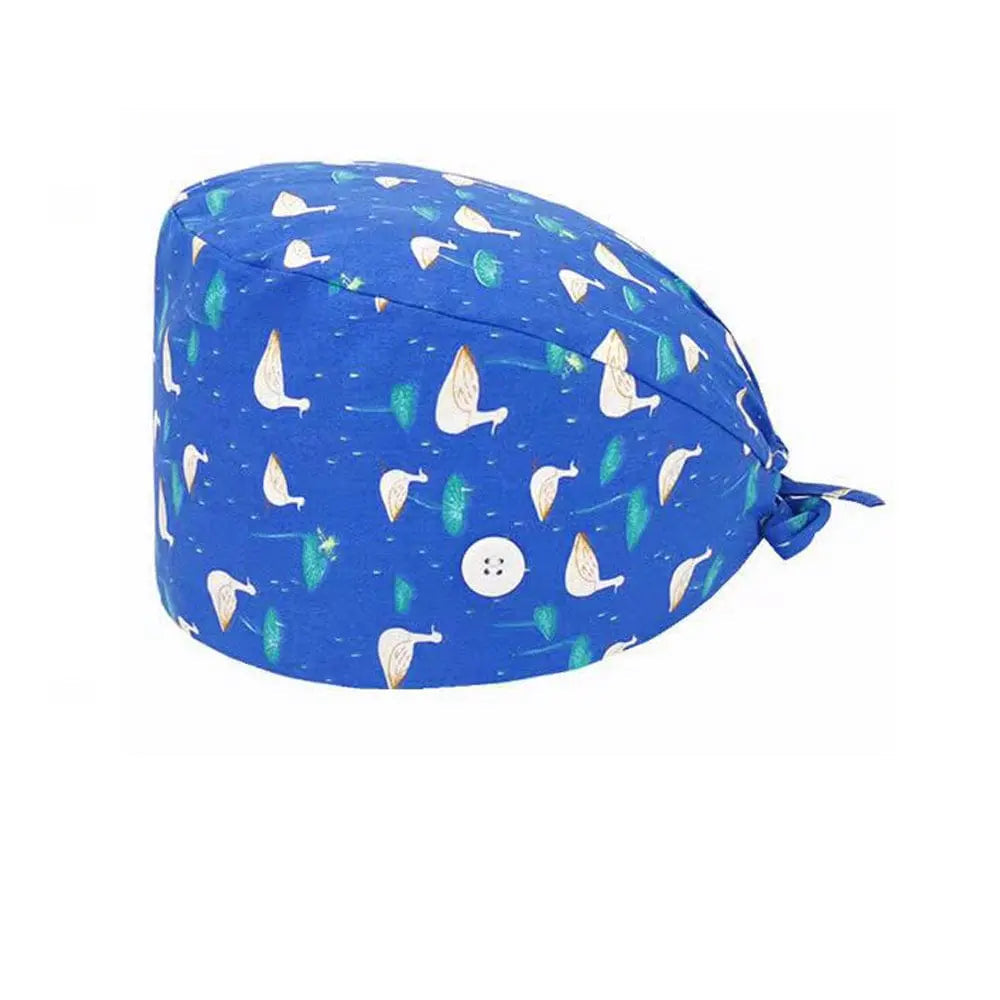 Unisex cotton scrub cap with adjustable fit, buttons, and hospital print, designed for nurses and doctors for medical work.