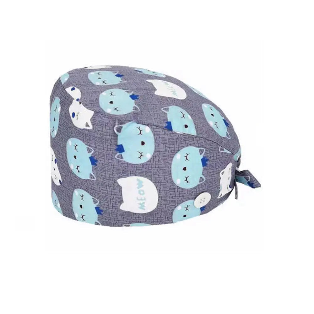 Unisex cotton scrub cap with adjustable fit and buttons, suitable for nurses and doctors, featuring a stylish print design.