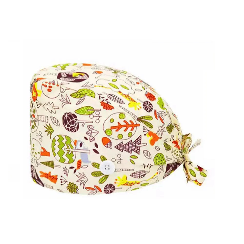 Unisex cotton scrub cap with buttons, adjustable nurse and doctor hat, printed hospital-themed design for healthcare professionals