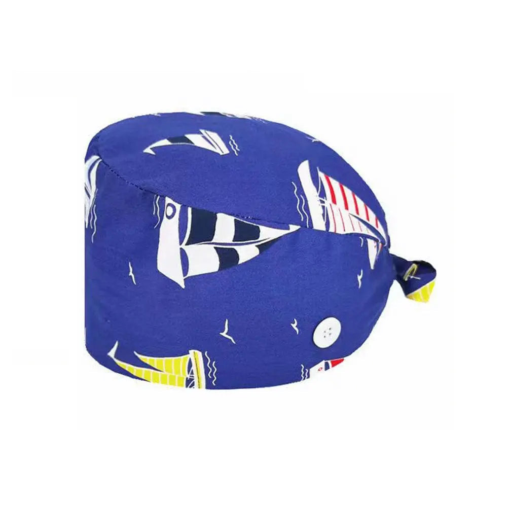 Unisex cotton scrub cap with adjustable fit and buttons, suitable for nurses and doctors, featuring a printed hospital-inspired design.