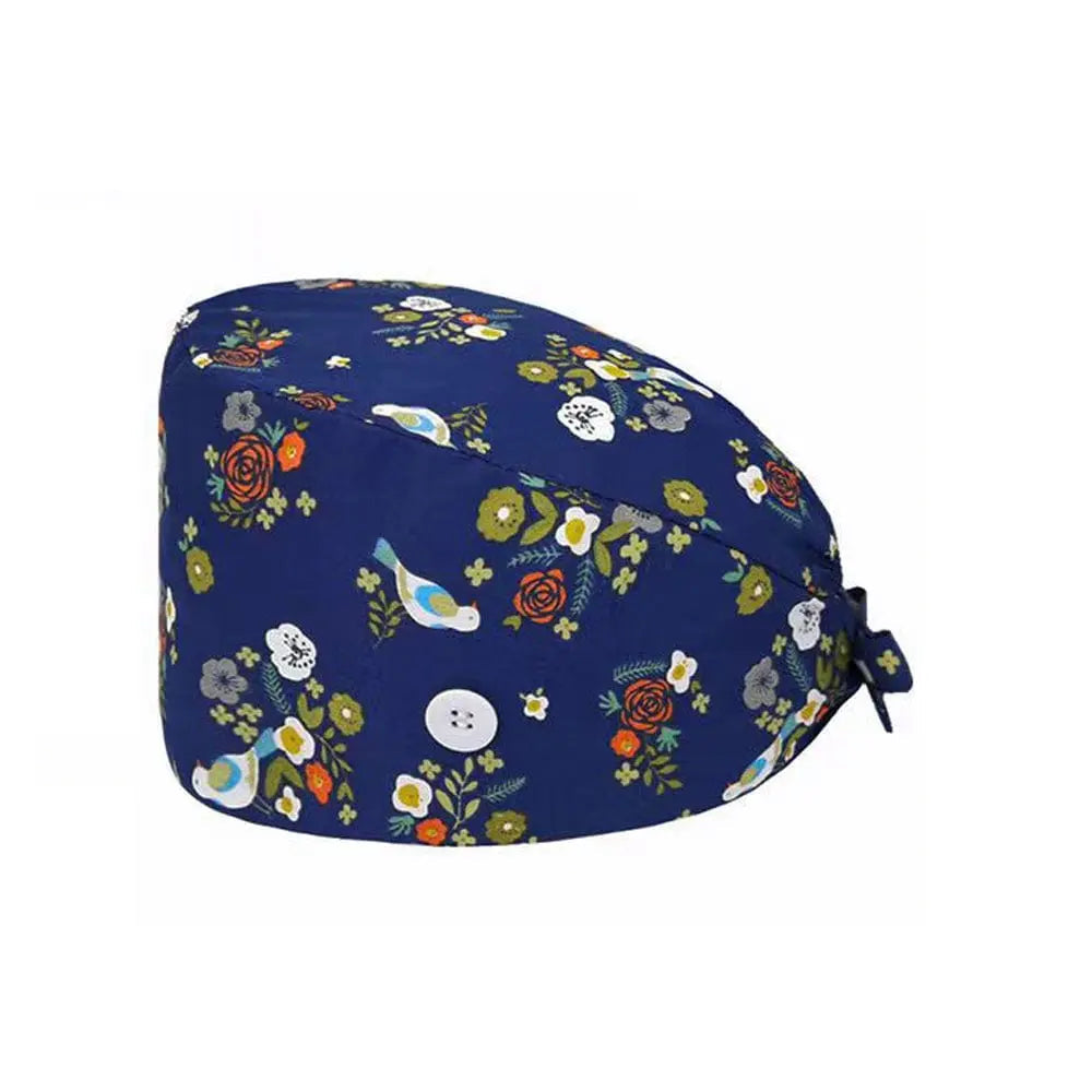 Unisex cotton scrub cap with buttons, adjustable nurse and doctor hat for hospital staff, featuring a print design.