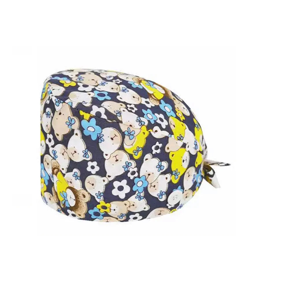Unisex cotton scrub cap with adjustable fit, buttons, and hospital print, designed for nurses and doctors.
