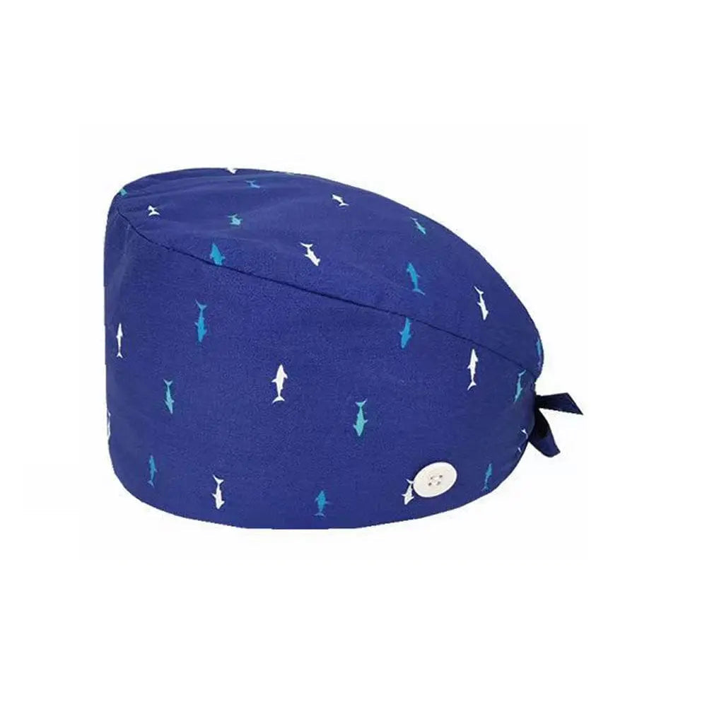 Unisex cotton scrub cap with buttons, adjustable nurse and doctor hat for hospital work, featuring a printed design.