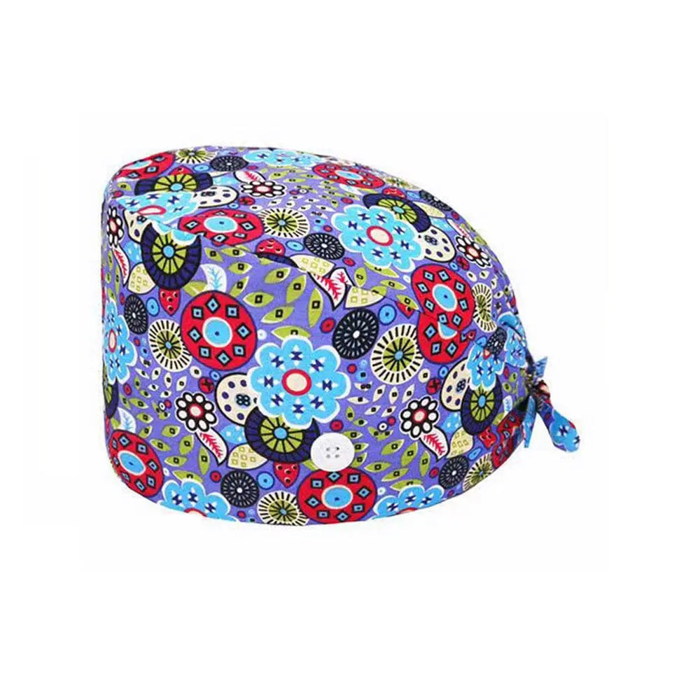 Unisex cotton scrub cap with adjustable fit and button details, suitable for nurses and doctors in hospital settings.