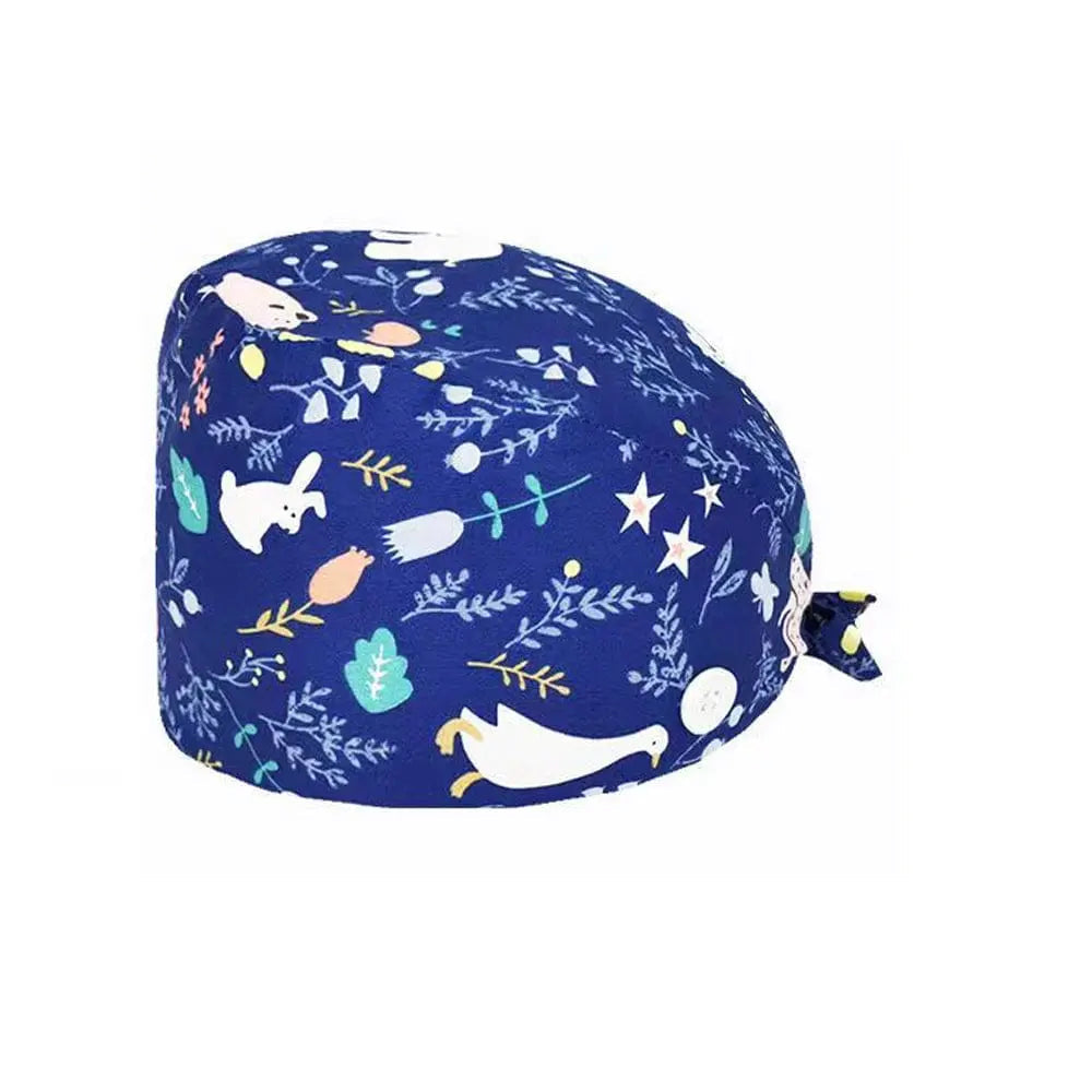 Unisex cotton scrub cap with adjustable fit, buttons, and hospital print, ideal for nurses and doctors during medical work.