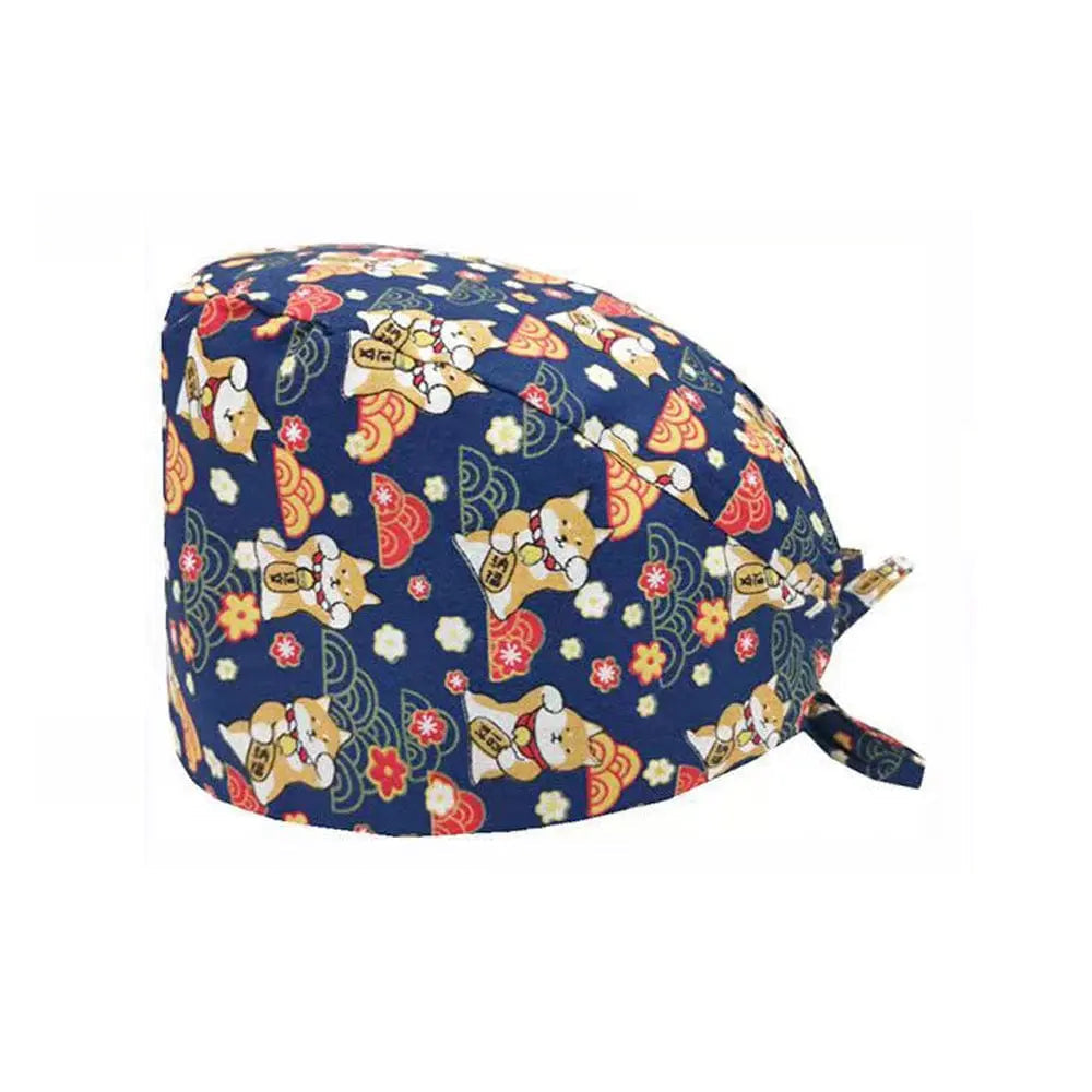 Unisex cotton scrub cap with adjustable fit, featuring buttons and hospital print, ideal for nurses and doctors.