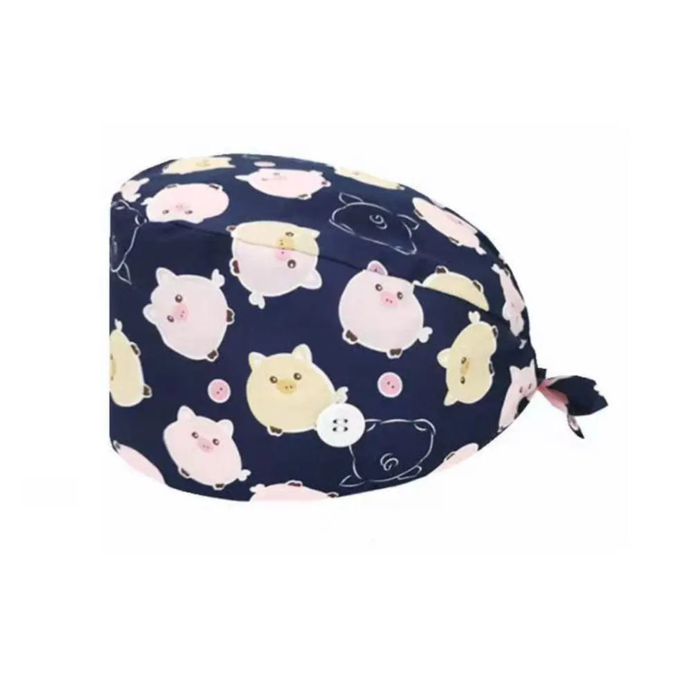 Unisex cotton scrub cap with adjustable fit, buttons, and printed design, ideal for nurses and doctors in hospitals.