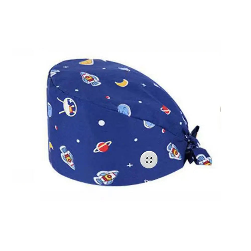 Unisex cotton scrub cap with adjustable fit, buttons, and hospital print, designed for nurses and doctors for medical work.
