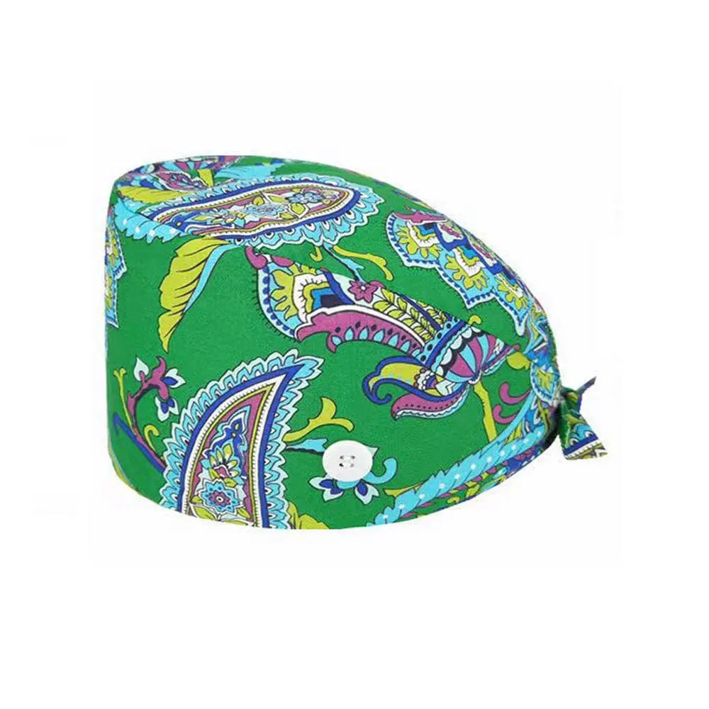 Unisex cotton scrub cap with adjustable fit, buttons, and print design, ideal for nurses and doctors in hospital settings.