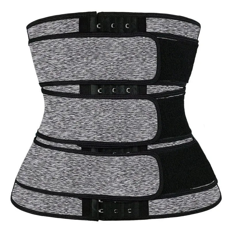 Nanbin Snow Gray double belt waist trainer and high waist tummy shaper, shown on a model for body shaping and waist reduction.