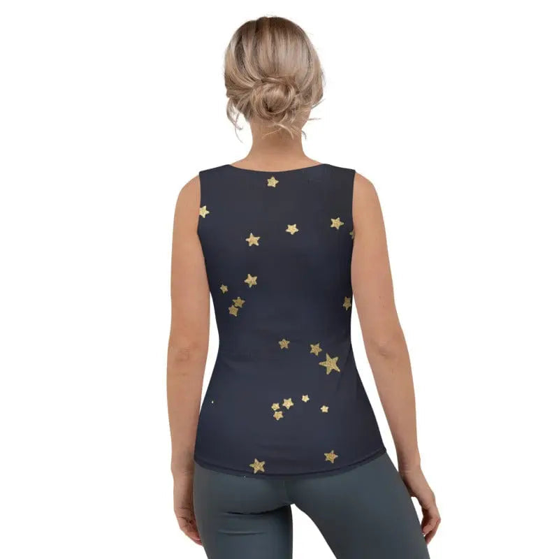Lavender Millie navy star tank top for women, featuring gold star pattern and stretchy microfiber fabric.