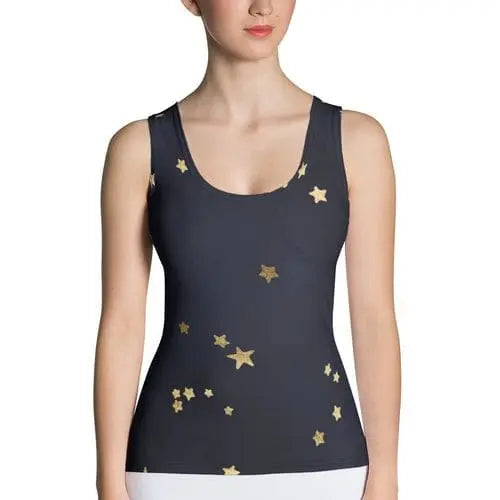 Lavender Millie navy star tank top for women, featuring gold star pattern and stretchy microfiber fabric.