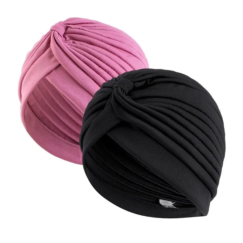 Stretchy Muslim turbans for women, Showlu Fashion 2-piece head wrap set for hair loss, chemo, and Islamic wear.