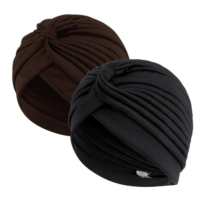 Two-piece stretchy Muslim turban caps for women, Showlu Fashion, ideal for chemo head wraps and hair loss, with twisted design.