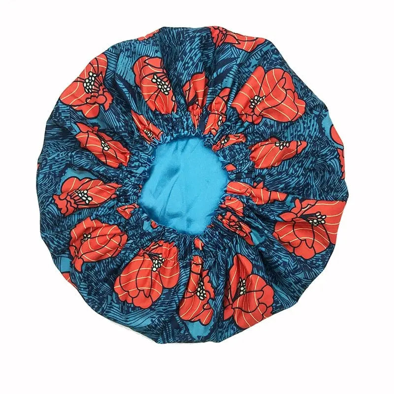 African Ankara satin-lined bonnet with long ribbon headwrap, double-layer design, large size, perfect for hair coverage and stylish protection.
