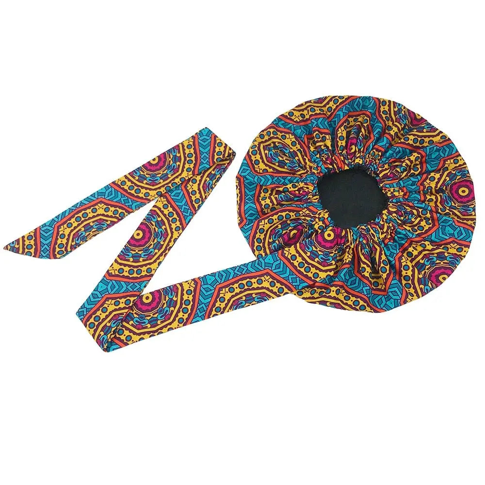 African Ankara satin-lined bonnet with long ribbon headwrap, double-layer headscarf, designed for women’s hair coverage.