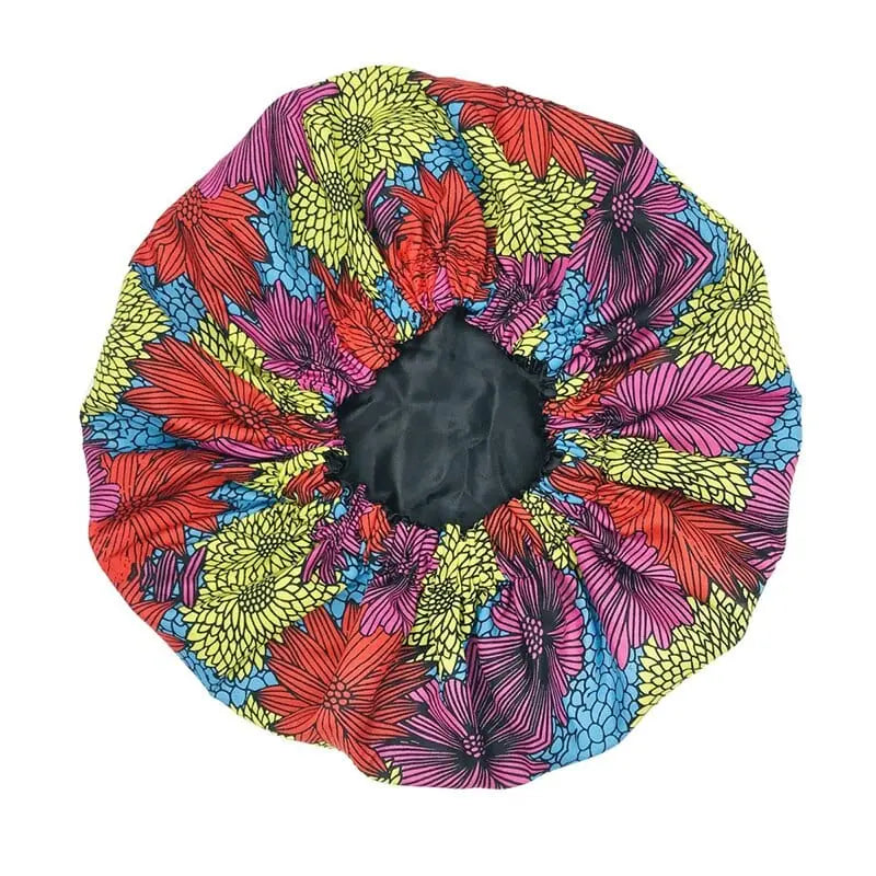 African Ankara satin-lined bonnet with long ribbons, double-layer headwrap scarf for women, large size, Showlu Store Nation.