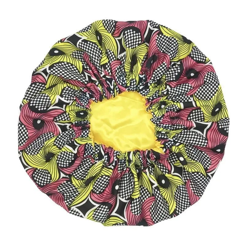 African Ankara satin-lined bonnet with long ribbons, double-layer headwrap scarf for women, large size, Showlu Store Nation.