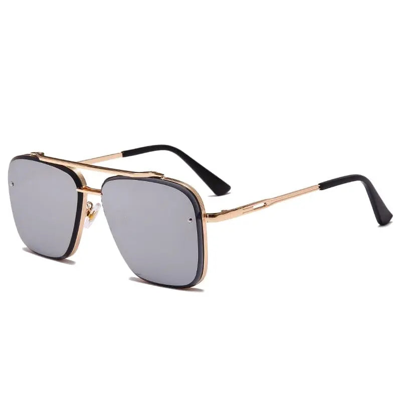 Square sunglasses with vintage metal frame, UV400 protection, for men and women, stylish classic design with shaded lenses.