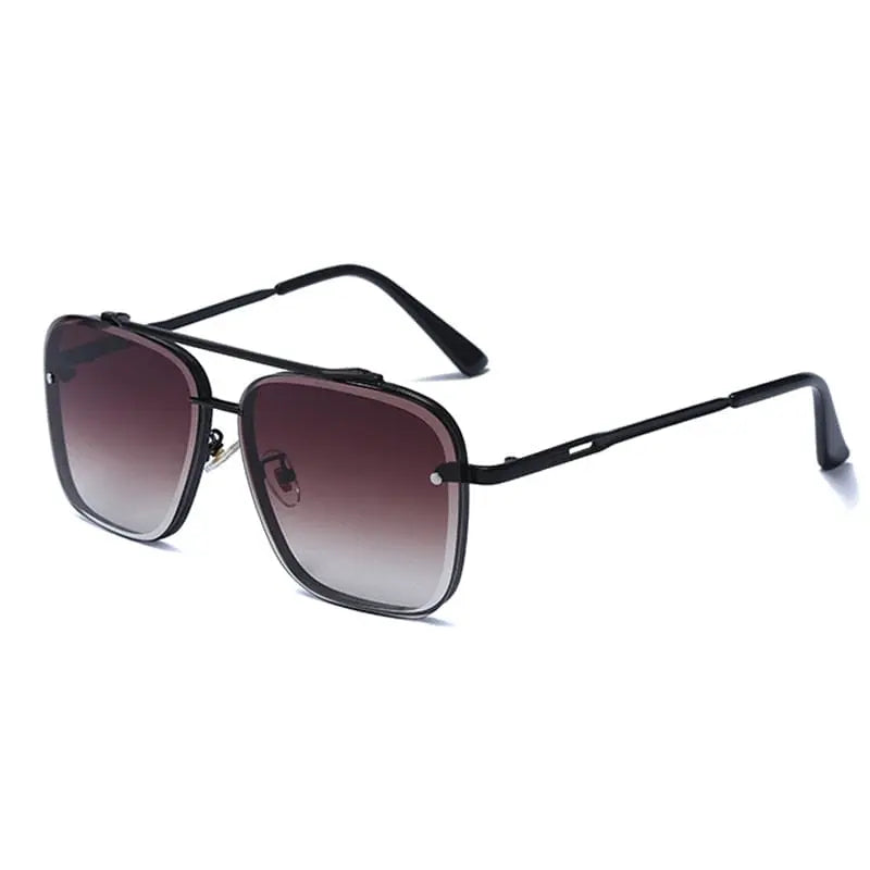 Square sunglasses with vintage metal frame, UV400 protection, stylish design for men and women, showing the cool, classic look.