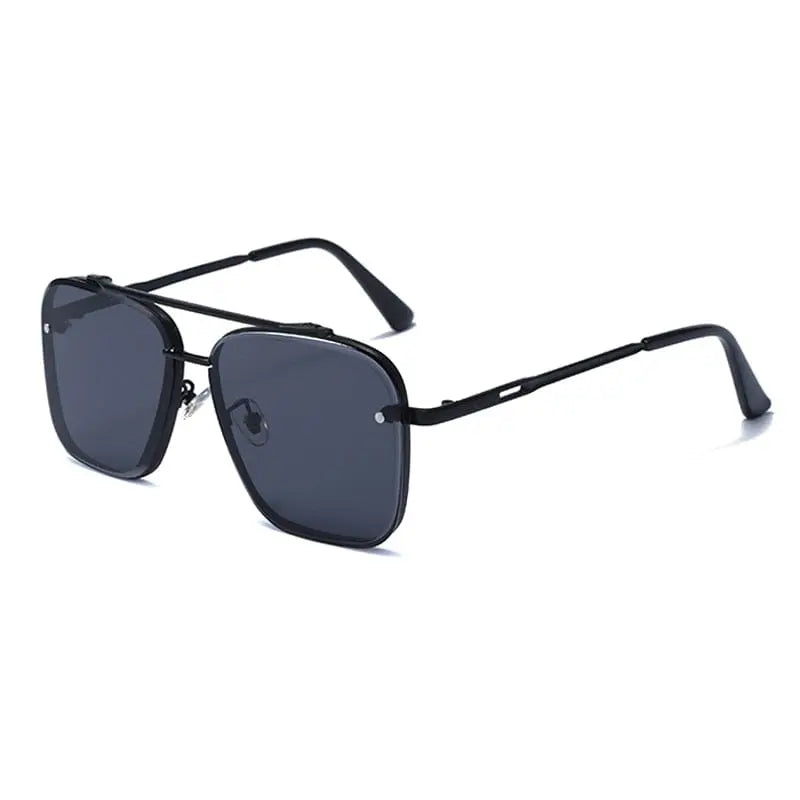 Vintage square sunglasses with metal frame, UV400 protection, worn by a man and woman, stylish and classic design.