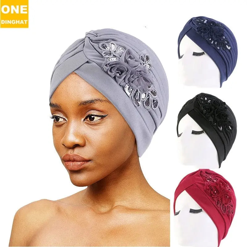 Solid color flower decoration turban head wrap for women, stylish hair accessory and fashion headwear by Showlu Fashion Store.